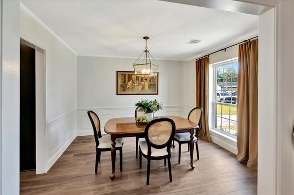Dining room, Interior, Pendant Lights, Wood Texture Flooring