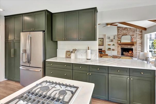 Fireplace, Interior, Kitchen, Recessed Lighting, Stone Walls, Wooden Beams, Wood Texture Flooring