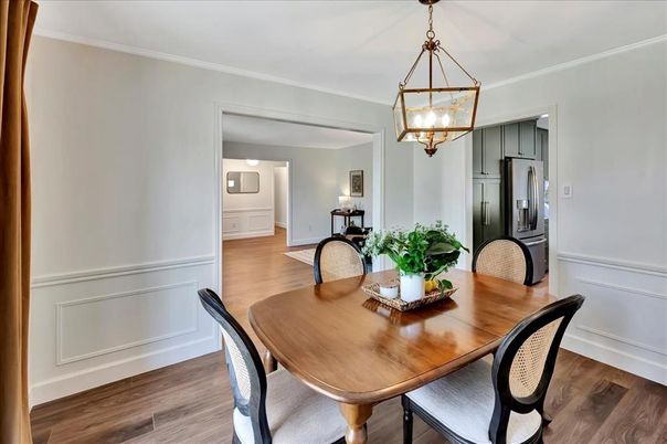 Dining room, Interior, Pendant Lights, Wood Texture Flooring