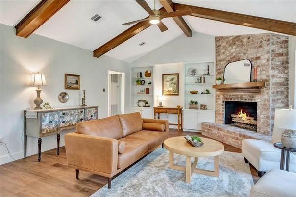 Fireplace, Interior, Living room, Stone Walls, Wooden Beams, Wood Texture Flooring
