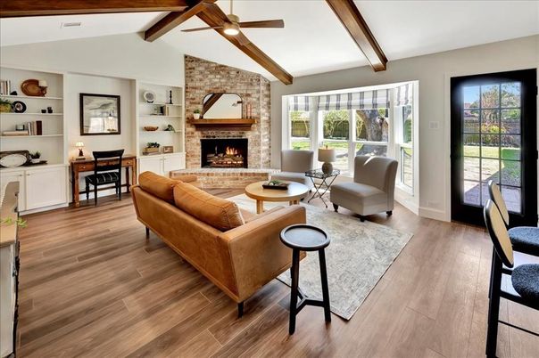 Fireplace, Interior, Living room, Stone Walls, Wooden Beams, Wood Texture Flooring