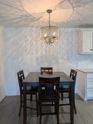 Chandelier, Dining room, Interior, Wood Texture Flooring
