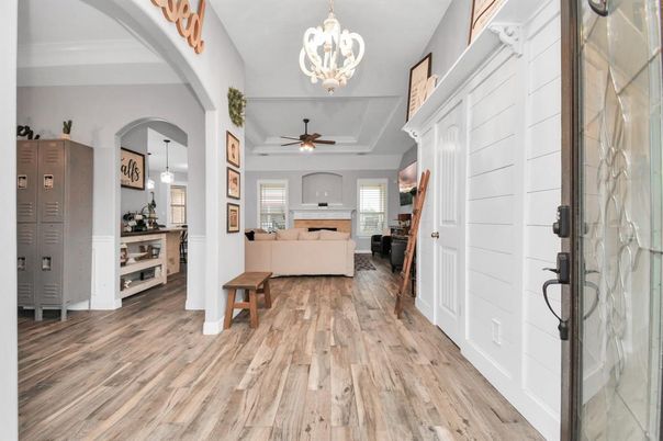 Interior, Living room, Pendant Lights, Wood Texture Flooring