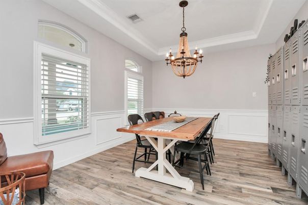 Chandelier, Dining room, Interior, Wood Texture Flooring