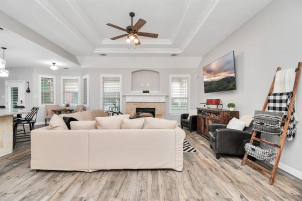Dining room, Fireplace, Interior, Living room, Pendant Lights, Wood Texture Flooring