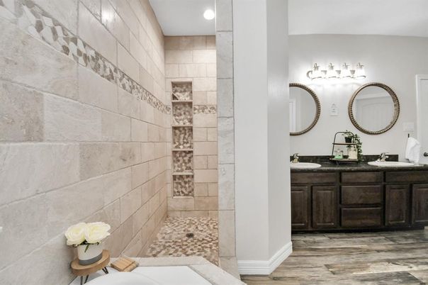 Bathroom, Dual Sink Vanities, Interior, Recessed Lighting, Wood Texture Flooring