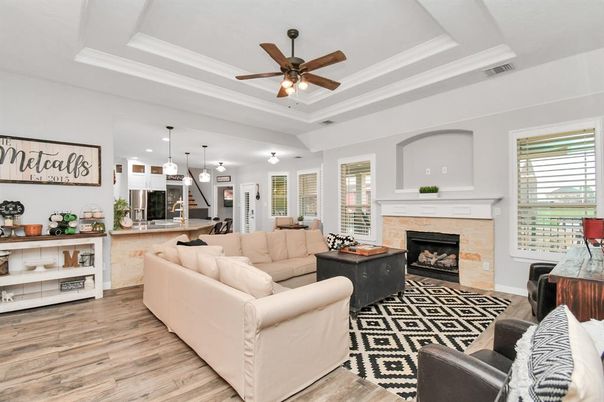 Fireplace, Interior, Kitchen, Living room, Pendant Lights, Recessed Lighting, Wood Texture Flooring