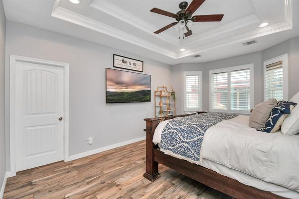 Bedroom, Interior, Recessed Lighting, Wood Texture Flooring