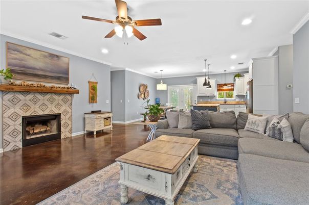 Fireplace, Interior, Kitchen, Living room, Pendant Lights, Recessed Lighting, Wood Texture Flooring