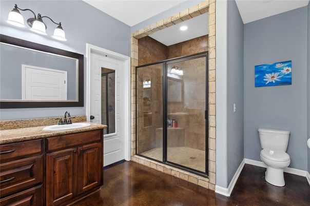 Bathroom, Glass Shower, Interior, Recessed Lighting, Wood Texture Flooring