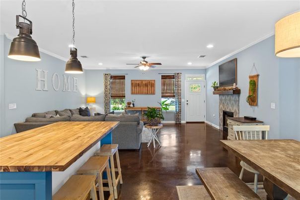 Dining room, Fireplace, Interior, Living room, Pendant Lights, Recessed Lighting
