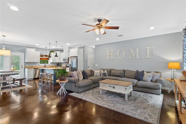 Dining room, Interior, Kitchen, Living room, Pendant Lights, Recessed Lighting, Stainless Steel Appliances, Wood Texture Flooring