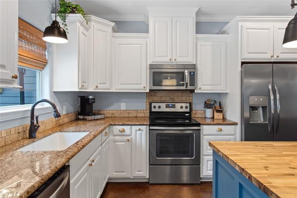 Interior, Kitchen, Pendant Lights, Stainless Steel Appliances, Wood Texture Flooring
