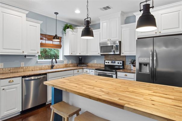 Interior, Kitchen, Pendant Lights, Recessed Lighting, Stainless Steel Appliances, Wood Texture Flooring