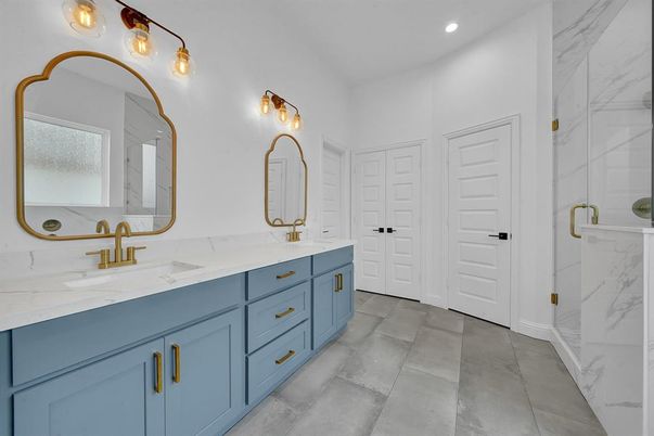 Bathroom, Dual Sink Vanities, Interior, Marble Walls, Recessed Lighting