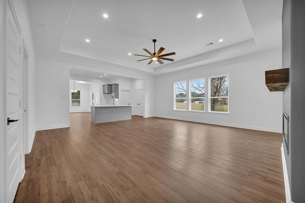 Empty room, Interior, Kitchen, Recessed Lighting, Wood Texture Flooring