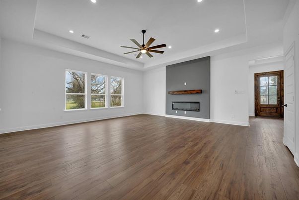 Empty room, Fireplace, Interior, Recessed Lighting, Wood Texture Flooring
