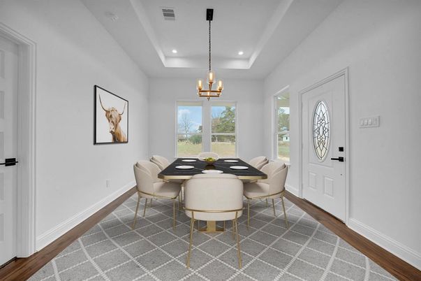 Chandelier, Dining room, Interior, Pendant Lights, Recessed Lighting, Wood Texture Flooring