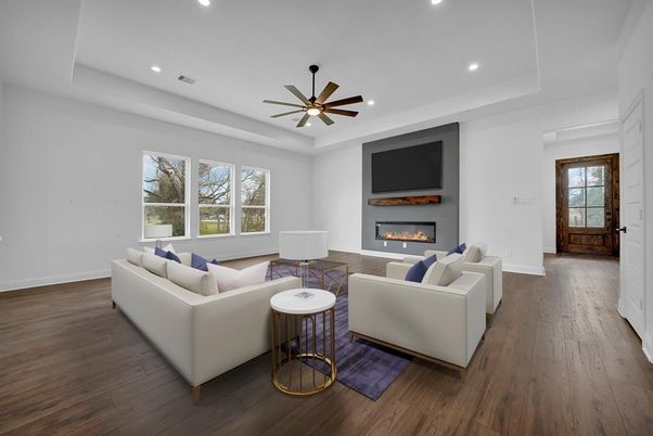 Fireplace, Interior, Living room, Recessed Lighting, Wood Texture Flooring