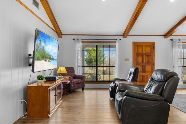 Interior, Living room, Recessed Lighting, Wooden Beams, Wood Texture Flooring