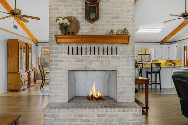 Fireplace, Interior, Kitchen, Stone Walls, Wood Texture Flooring