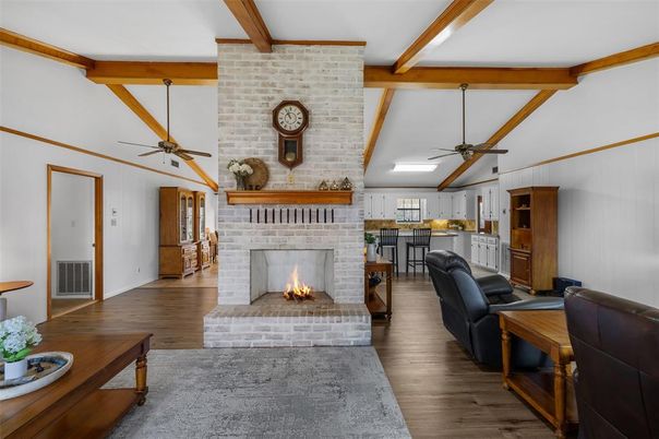 Fireplace, Interior, Stone Walls, Wooden Beams, Wood Texture Flooring