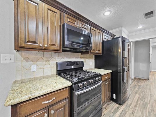 Interior, Kitchen, Recessed Lighting, Stainless Steel Appliances, Wood Texture Flooring