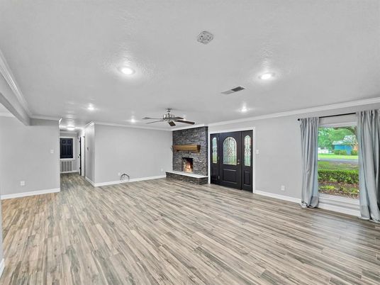 Empty room, Fireplace, Interior, Recessed Lighting, Wood Texture Flooring