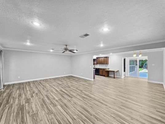 Empty room, Interior, Kitchen, Pendant Lights, Recessed Lighting, Wood Texture Flooring