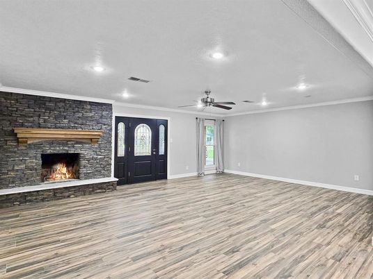 Empty room, Fireplace, Interior, Recessed Lighting, Wood Texture Flooring