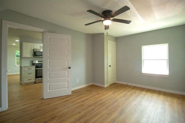 Empty room, Interior, Kitchen, Recessed Lighting, Wood Texture Flooring