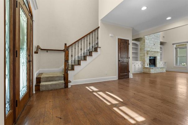 Empty room, Fireplace, Interior, Recessed Lighting, Wood Texture Flooring