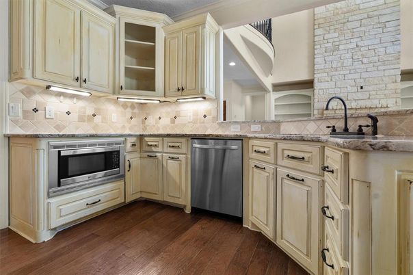 Interior, Kitchen, Recessed Lighting, Stainless Steel Appliances, Stone Walls, Wood Texture Flooring