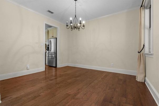 Chandelier, Empty room, Interior, Kitchen, Stainless Steel Appliances, Wood Texture Flooring