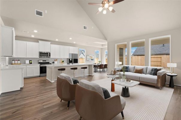 Dining room, Interior, Kitchen, Living room, Recessed Lighting, Stainless Steel Appliances, Wood Texture Flooring