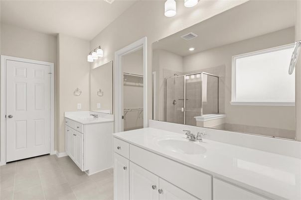 Bathroom, Dual Sink Vanities, Glass Shower, Interior, Recessed Lighting