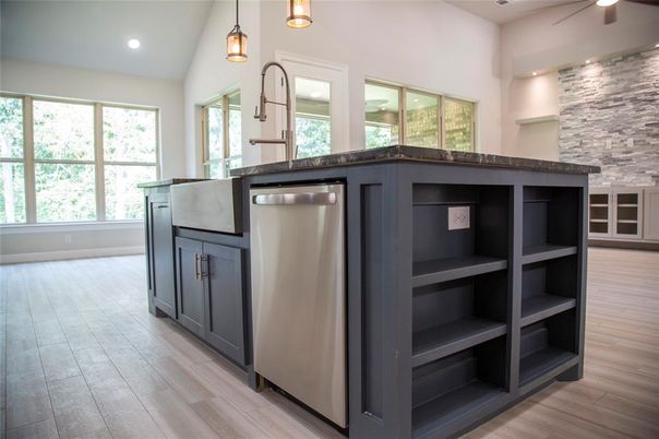Interior, Kitchen, Pendant Lights, Recessed Lighting, Stainless Steel Appliances, Stone Walls, Wood Texture Flooring