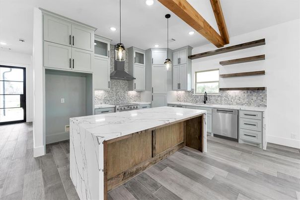 Interior, Kitchen, Pendant Lights, Recessed Lighting, Stainless Steel Appliances, Wooden Beams, Wood Texture Flooring