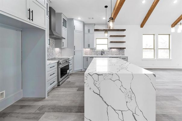 Interior, Kitchen, Pendant Lights, Recessed Lighting, Stainless Steel Appliances, Wooden Beams, Wood Texture Flooring