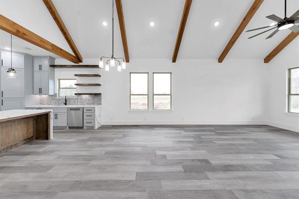 Empty room, Interior, Kitchen, Pendant Lights, Recessed Lighting, Wooden Beams, Wood Texture Flooring