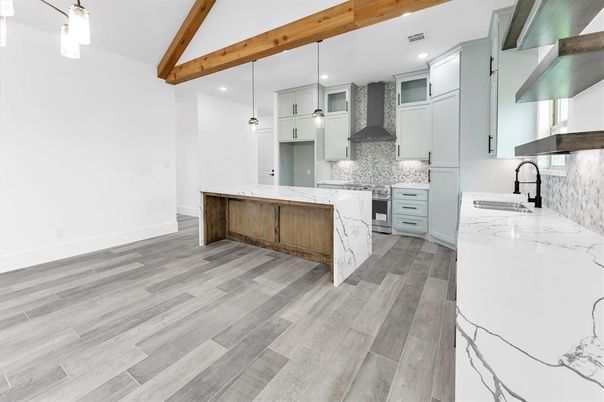 Interior, Kitchen, Marble Walls, Pendant Lights, Recessed Lighting, Wooden Beams, Wood Texture Flooring