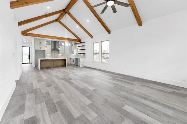 Empty room, Interior, Kitchen, Pendant Lights, Recessed Lighting, Wooden Beams, Wood Texture Flooring
