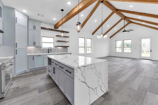 Interior, Kitchen, Pendant Lights, Recessed Lighting, Wooden Beams, Wood Texture Flooring