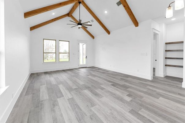 Empty room, Interior, Recessed Lighting, Wooden Beams, Wood Texture Flooring