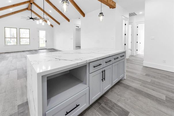 Interior, Kitchen, Pendant Lights, Recessed Lighting, Wooden Beams, Wood Texture Flooring
