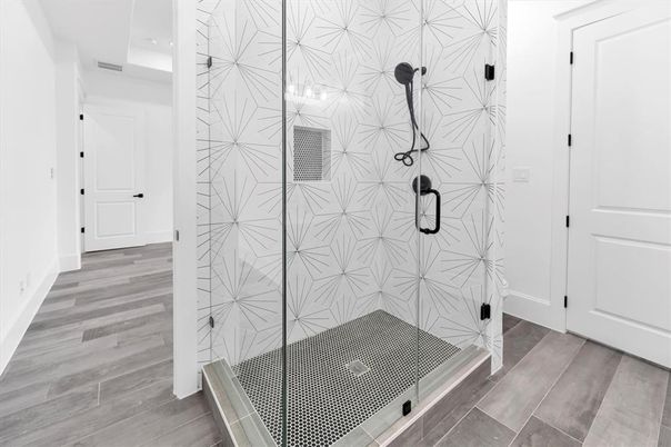 Bathroom, Glass Shower, Interior, Wood Texture Flooring