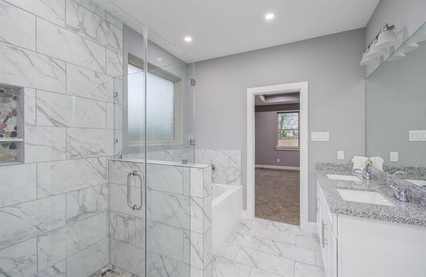 Bathroom, Glass Shower, Interior, Marble, Marble Walls, Recessed Lighting
