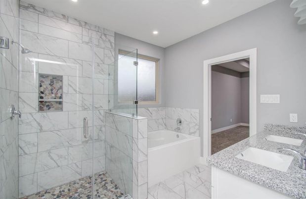Bathroom, Glass Shower, Interior, Marble, Marble Walls, Recessed Lighting