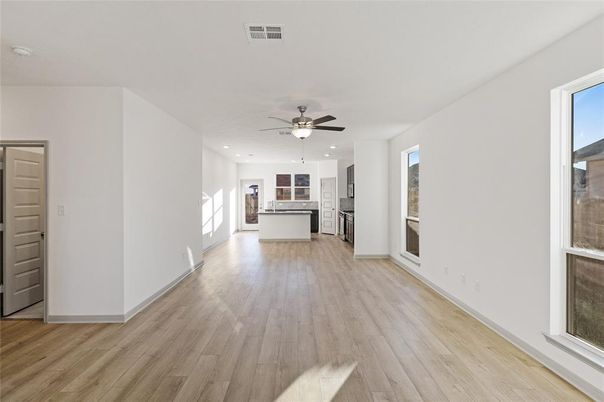 Empty room, Interior, Kitchen, Recessed Lighting, Wood Texture Flooring