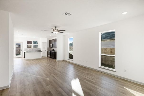 Empty room, Interior, Kitchen, Recessed Lighting, Wood Texture Flooring